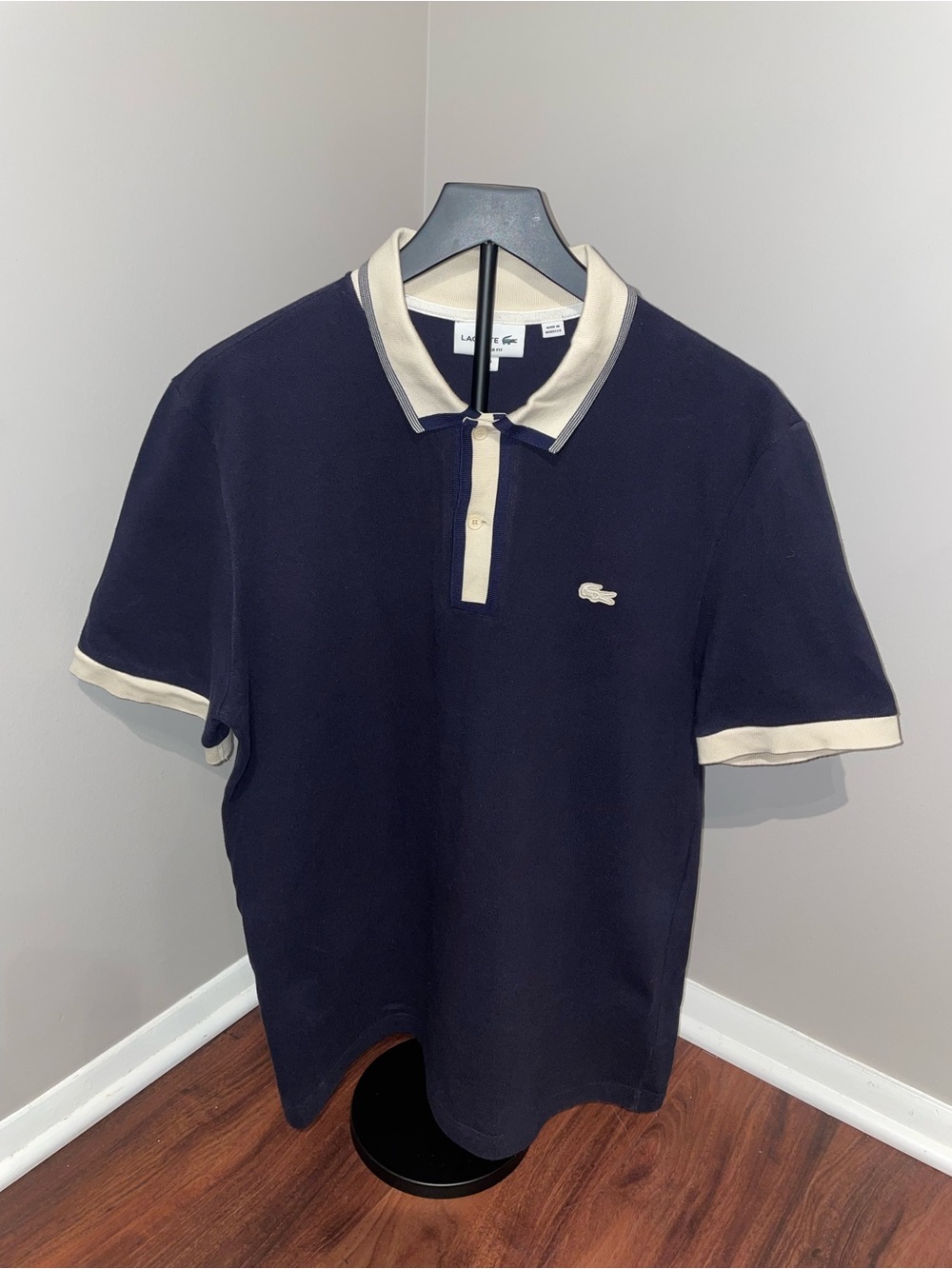 Lacoste Navy Polo with Cream Trim Large